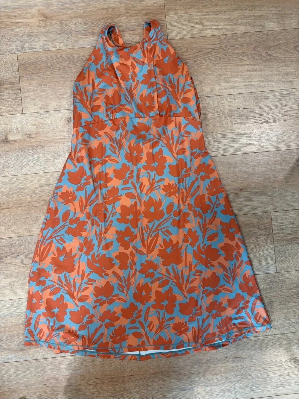 prAna XL Floral Open Back Midi Dress Orange Blue Sleeveless Racerback Dress